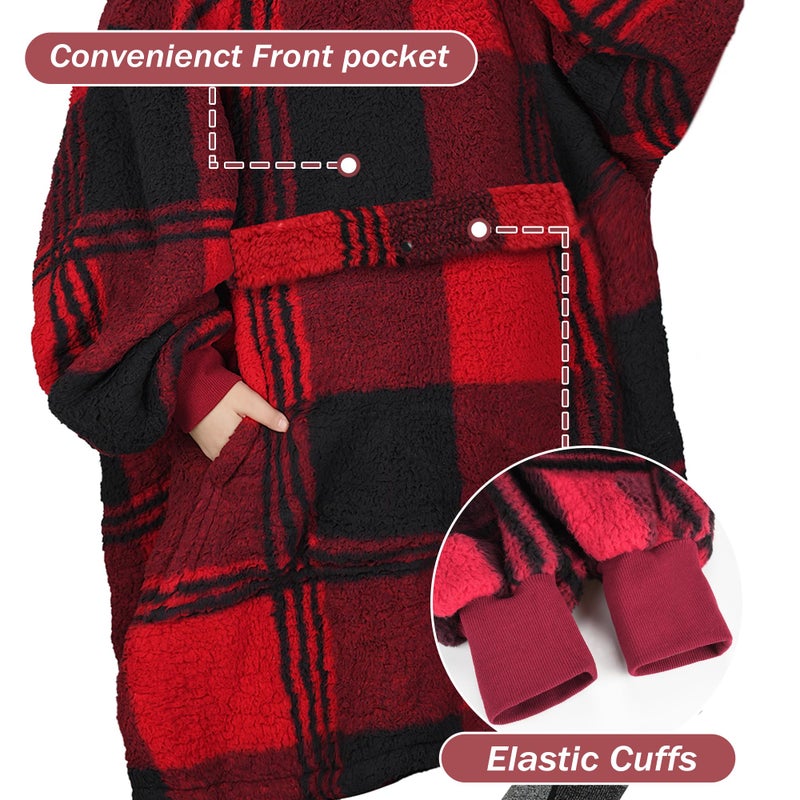Catalonia Red Plaid Oversized Wearable Blanket Hoodie Sweatshirt, Comfortable Sherpa Lounging Pullover for Adults Men Women Wife Girlfriend, Gift for Her - Image 3